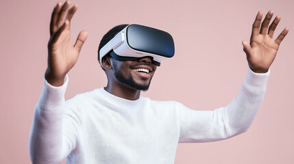 Cheerful developer enjoying virtual reality experience using vr headset