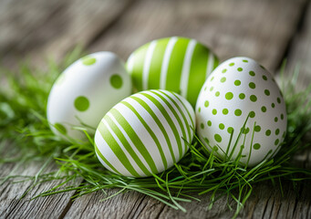 Fototapeta premium Easter eggs with green and white patterns arranged on a wooden surface with artificial grass.