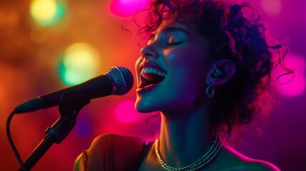 A mesmerizing female singer captivates the audience with her powerful voice. Colorful lights fill the background creating a vibrant atmosphere. Generative AI