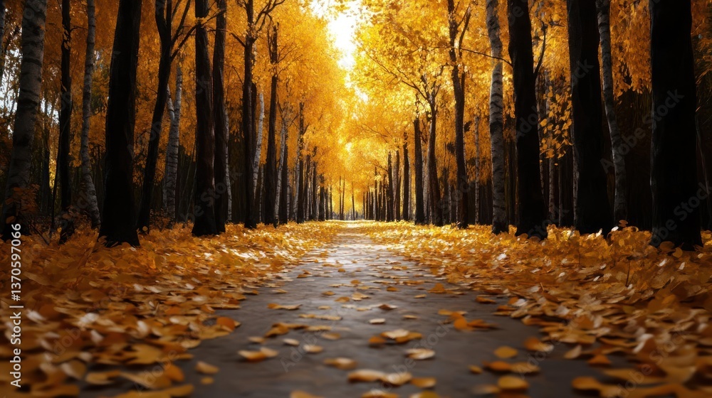Poster Pathway through autumn forest with vibrant yellow foliage and dappled sunlight creating a serene and warm atmosphere