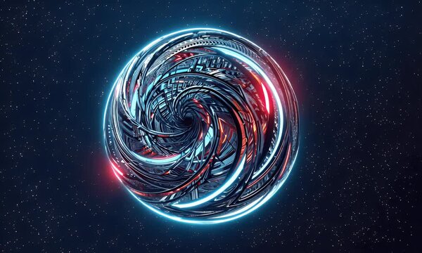 glowing cybernetic sphere with intricate fractal patterns slowly rotating in a cosmic void, radiating neon blue and red lights in ultra-hd 4k