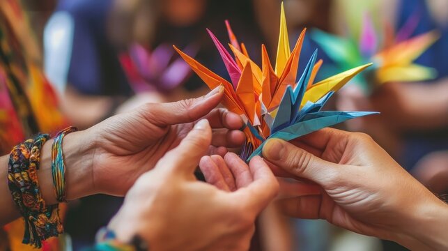 Several hands carefully folding beautiful origami paper art together