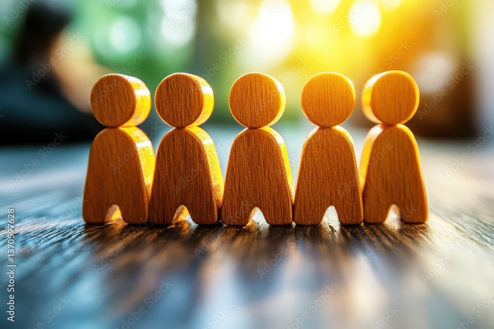 Poster wooden figurines representing teamwork and collaboration in an abstract setting with soft natural li