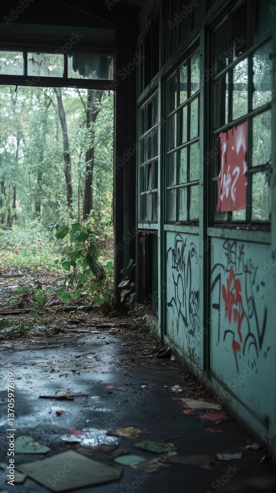Poster dilapidated building interior with weathered teal walls graffiti and open doorway revealing lush for