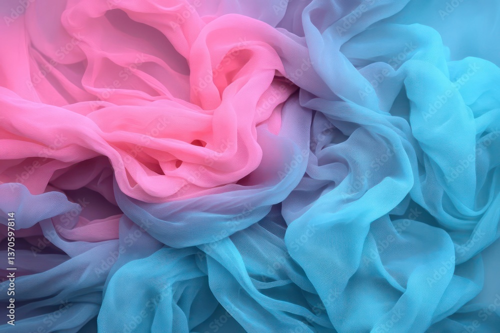 Poster Abstract textile fabric in pink and teal gradient lighting creating a textured backdrop with draped folds and soft shadows