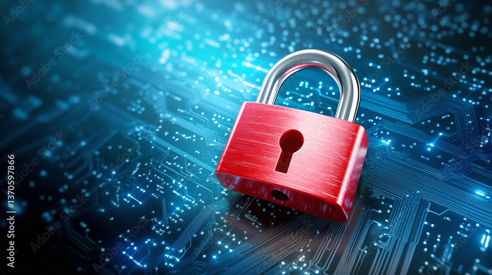 Poster a red padlock rests on a digital circuit board background, emphasizing themes of online security and