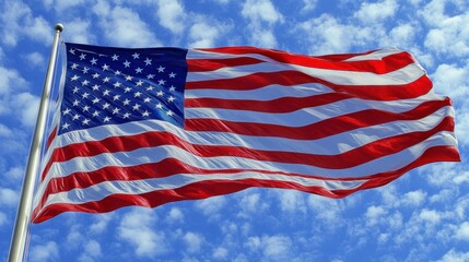Obraz premium American Flag Waving Against a Blue Sky with Clouds Outdoors