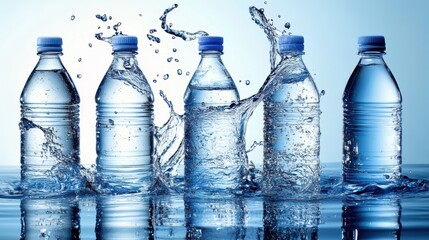 Five water bottles in a row, splashing energetically, highlight the importance of hydration and vitality in a dynamic scene.