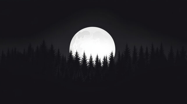 Full moon in night sky. Dark forest landscape with black silhouettes of trees. Vector cartoon illustration of coniferous woods in moonlight and glowing white circle in sky