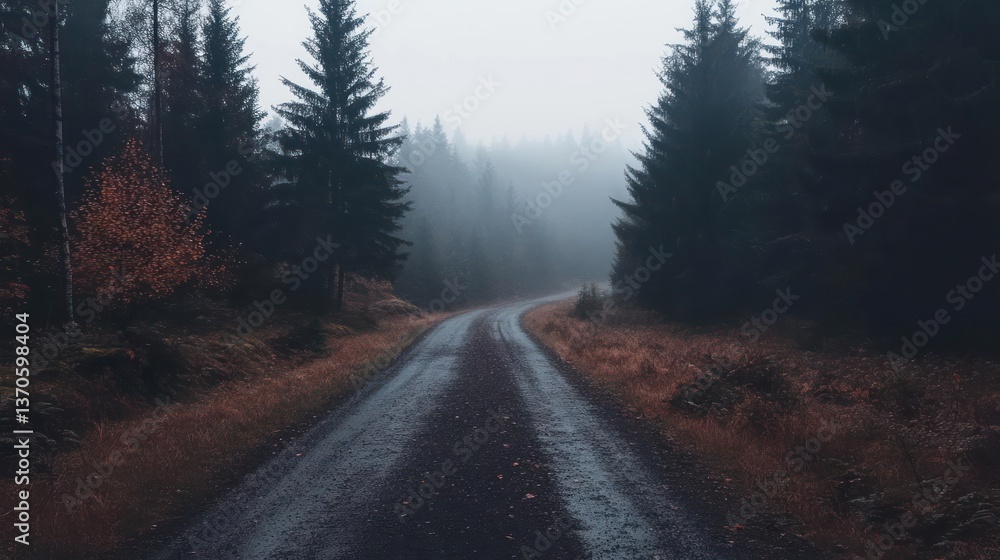 Poster A dark road through a foggy forest with tall pine trees in autumn. The path is wet and leaves are on the ground with a moody atmosphere