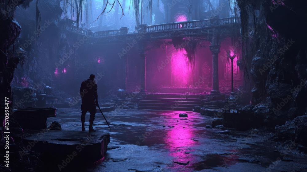 Poster a lone figure stands in a mystical abandoned structure illuminated by vibrant pink and blue lights. 