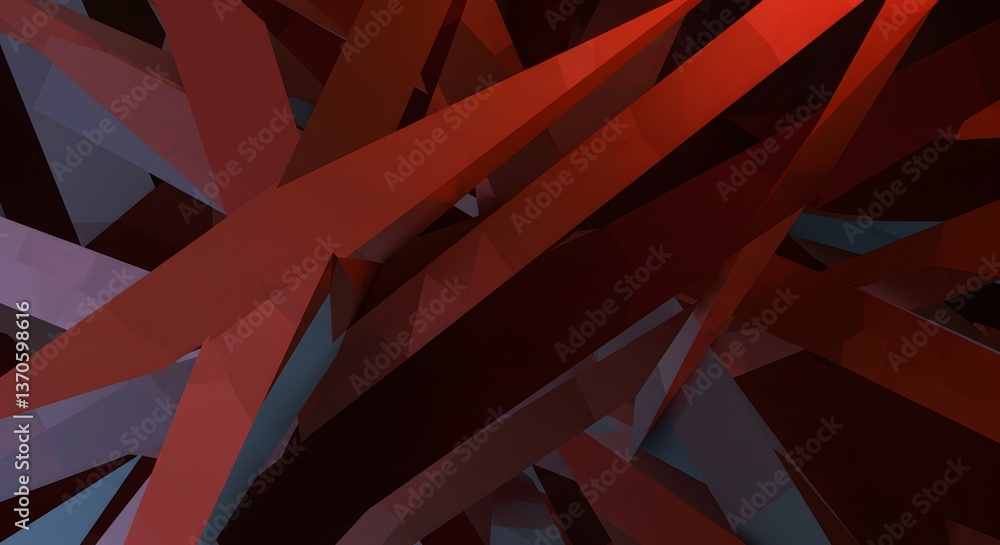Poster Abstract Geometric Chaos with Red and Purple Angular Polygon Shapes