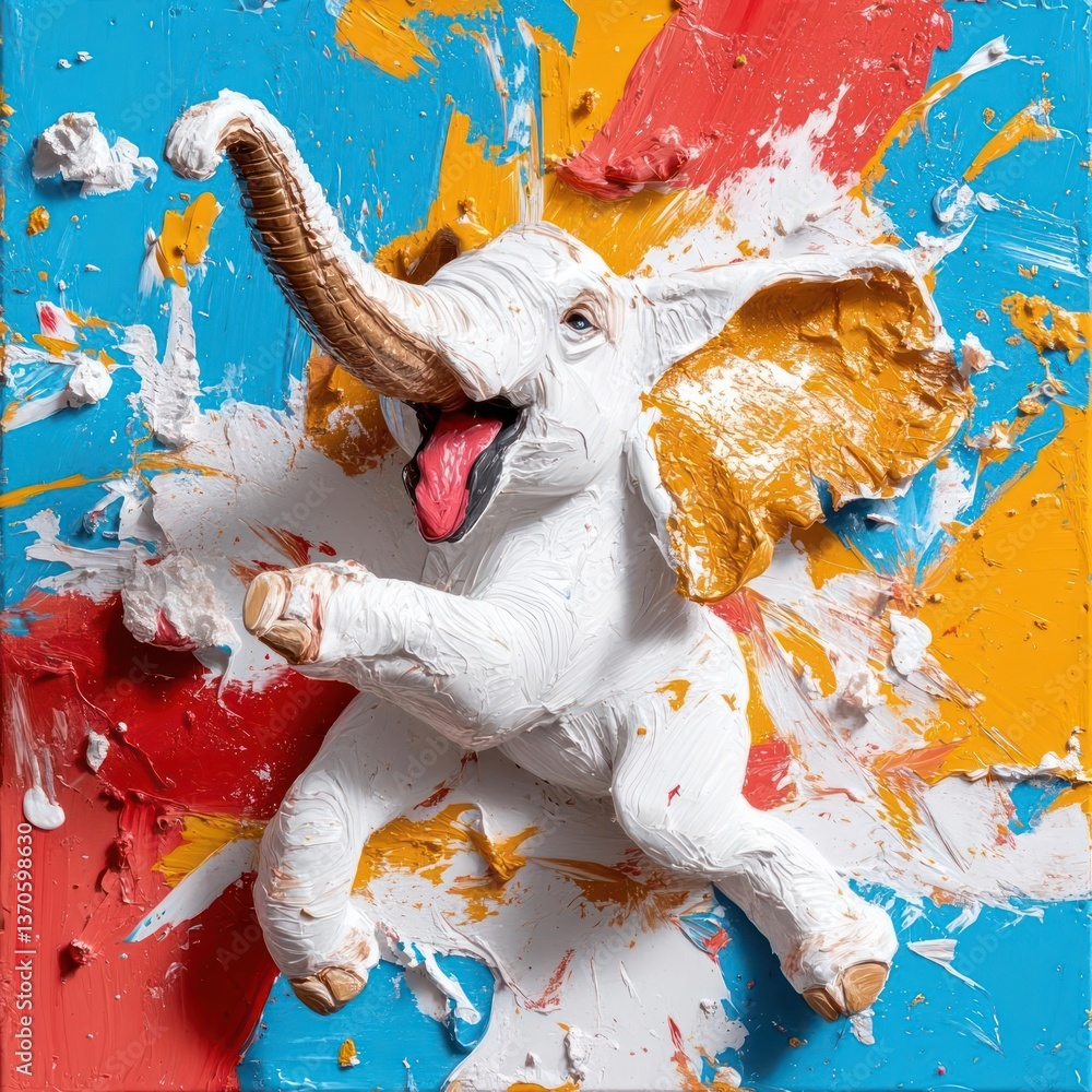 Poster White elephant sculpture on colorful paint splatter background showcasing vibrant colors and texture with expressive artistic design
