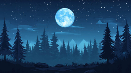 Fototapeta premium Full moon in night sky. Dark forest landscape with black silhouettes of trees. Vector cartoon illustration of coniferous woods in moonlight and glowing white circle in sky