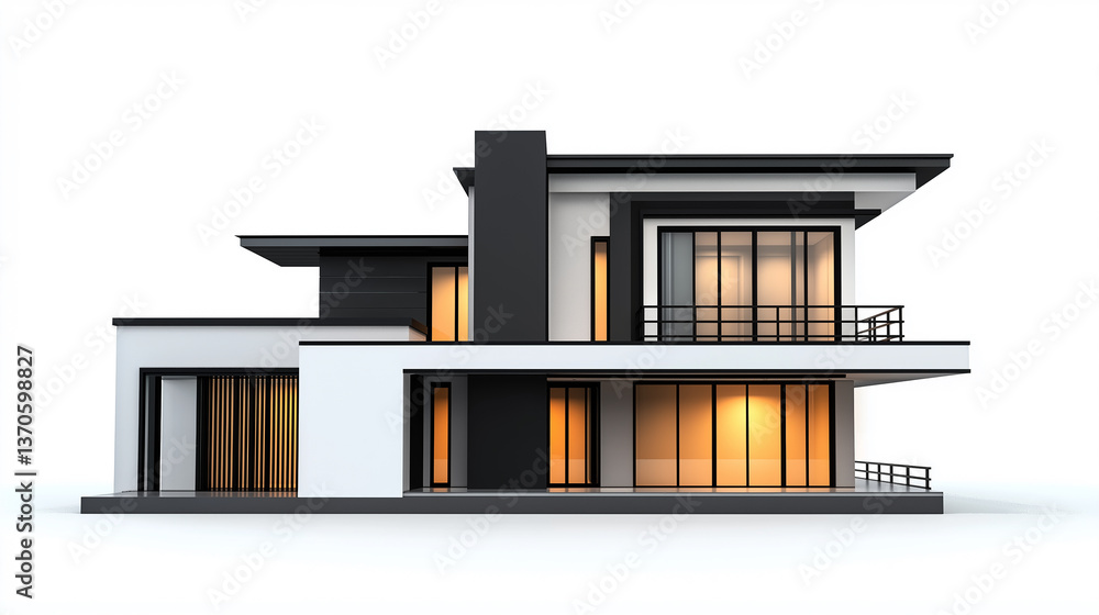 Poster Modern house with large windows and balcony overlooking scenic views