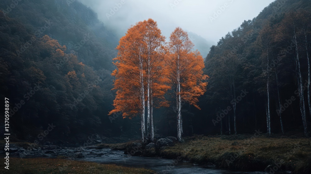Poster a vibrant orange tree stands out amidst a misty forest landscape with a small stream. dark green fol
