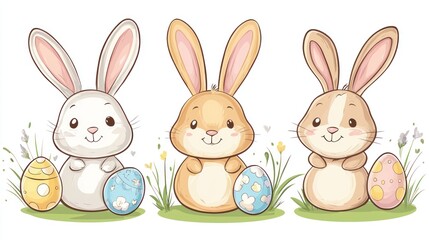Obraz premium Cute Cartoon Rabbits with Colorful Eggs for Spring Celebration