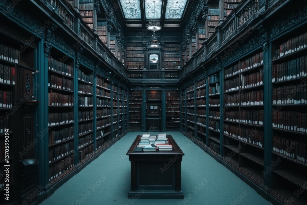 Aufkleber Ornate library interior with rows of bookshelves filled with books a central reading table and subdued lighting evoking a sense of knowledge and history