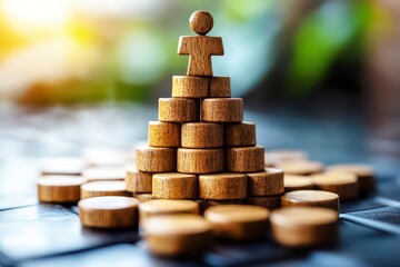 Obraz premium Wooden Figure on Stack of Blocks Symbolizing Leadership and Success in Business Environment, Blurred Nature Background, Inspirational Concept