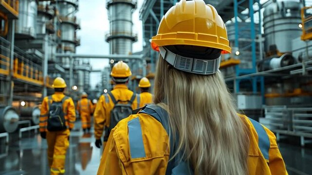 Industrial Professionals at Plant: Capturing an empowering image of industrial workers in protective gear, walking confidently towards their work.