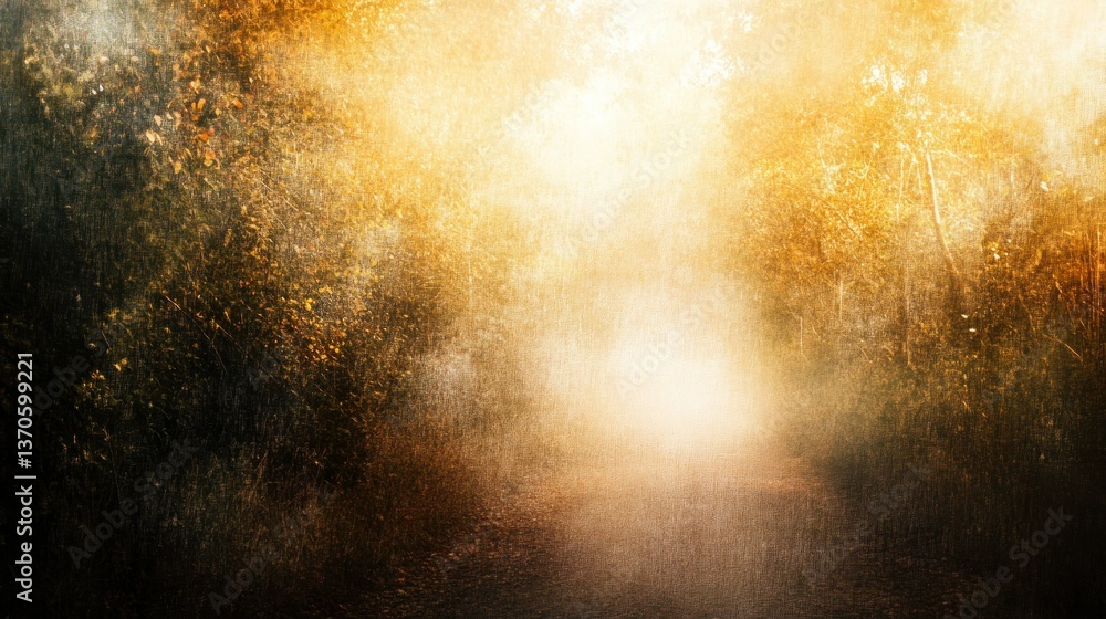 Poster a path surrounded by trees with bright light in the distance