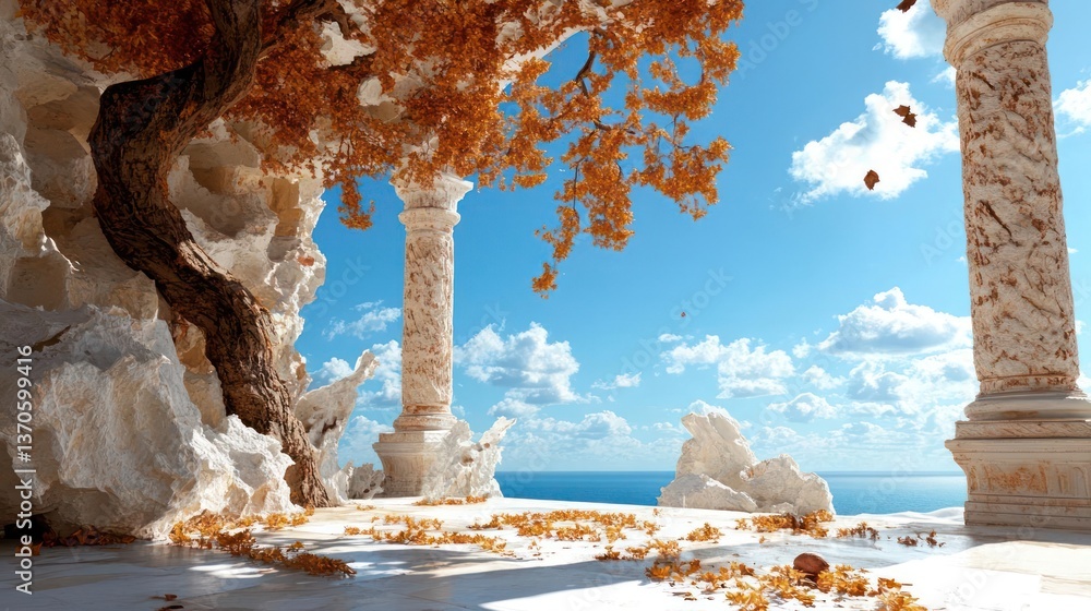 Leinwandbilder Architectural fantasy scene with classical columns autumn foliage and ocean view featuring blue sky and white clouds in a picturesque setting