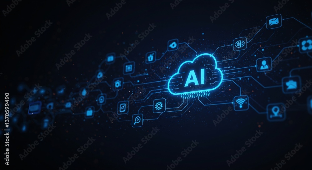 Poster ai cloud network illustration: illustrative depiction of ai integrated cloud computing, with futuris