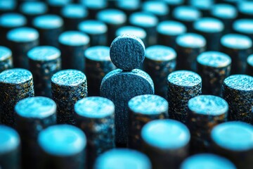 Unique Figure Surrounded by Circular Objects in a Vibrant, Abstract Environment Representing Individuality and Isolation in a Modern Design Aesthetic