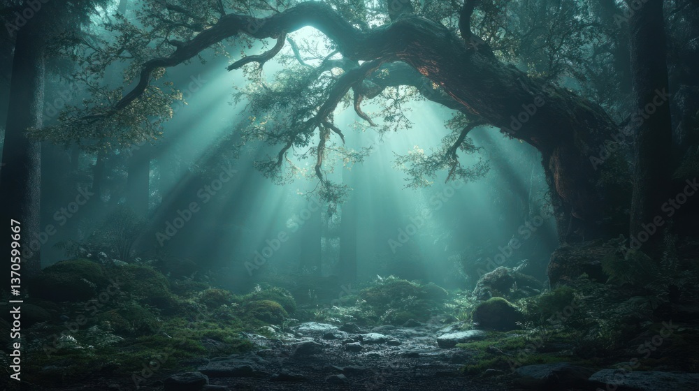 Poster sunlight streams through a canopy of leaves illuminating an enchanting forest path creating a serene