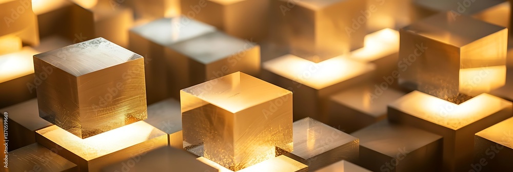 Aufkleber abstract background featuring metallic golden cubes arranged in a grid structure, illuminated by war