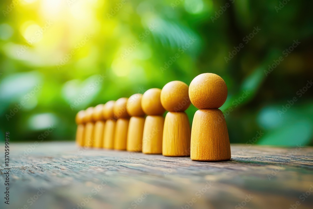 Poster wooden figures arranged in a line representing diversity teamwork on a rustic surface with natural g