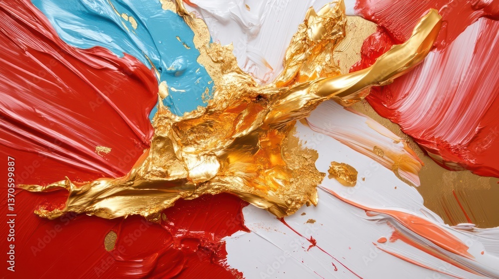 Poster Abstract textured artwork with gold foil red white and blue paint strokes creating a dynamic composition
