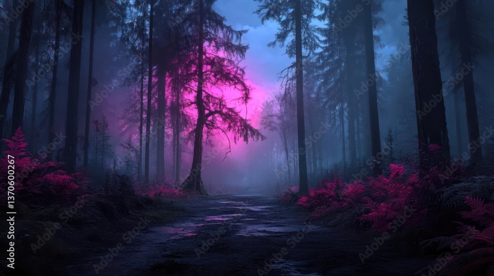 Poster mysterious forest scene with neon pink and blue lighting effects illuminated a path with puddles ami