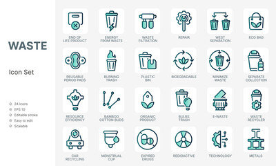 Environmental and waste with green icon set 