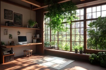 Interior room design with large windows full of green plants desk computer and bookshelves a rug wooden floor and sun light through window