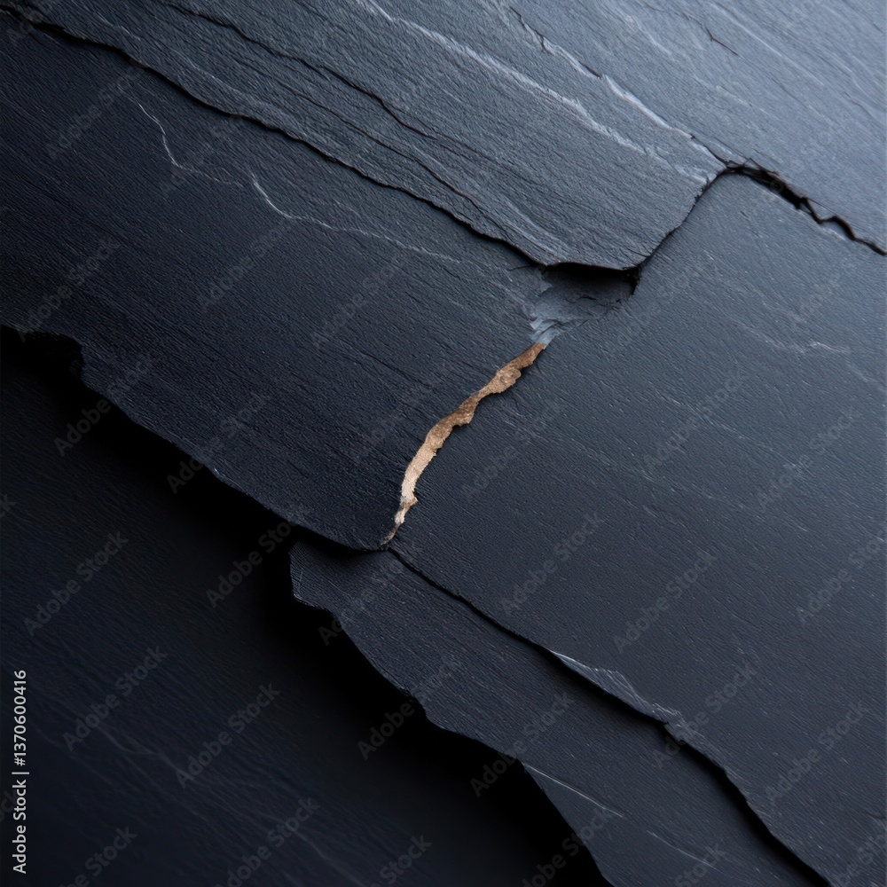 Poster Close up of dark gray layered stone with rough texture and golden vein against dark background