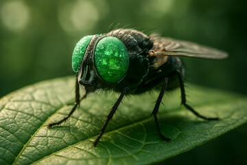 Fototapeta premium Macro of a fly with eco-futuristic digital eyes displaying green data resting on a leaf