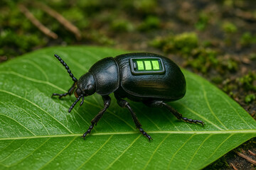 Fototapeta premium Macro of a beetle with an eco-futuristic green battery walking on a glossy leaf