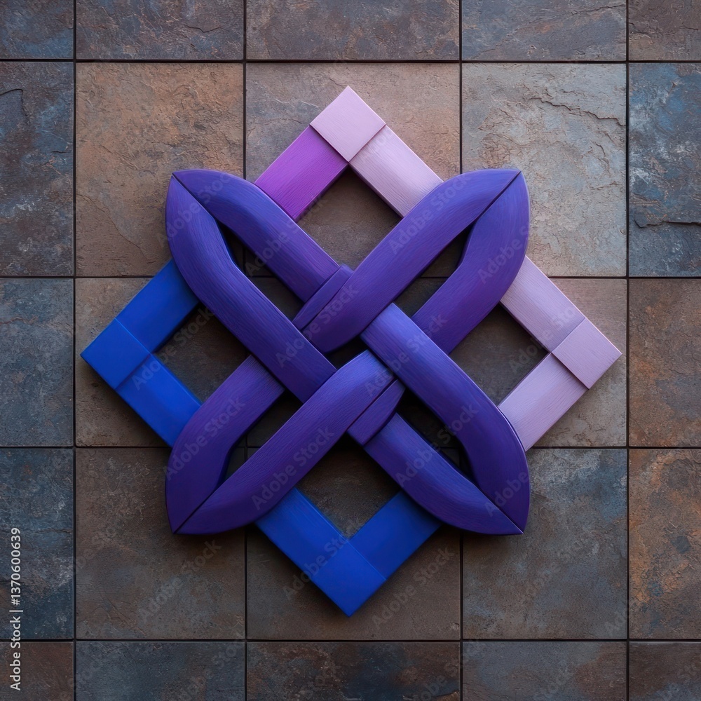 Poster geometric interlocking design in blue and purple hues, mounted on a textured brown square tile backg