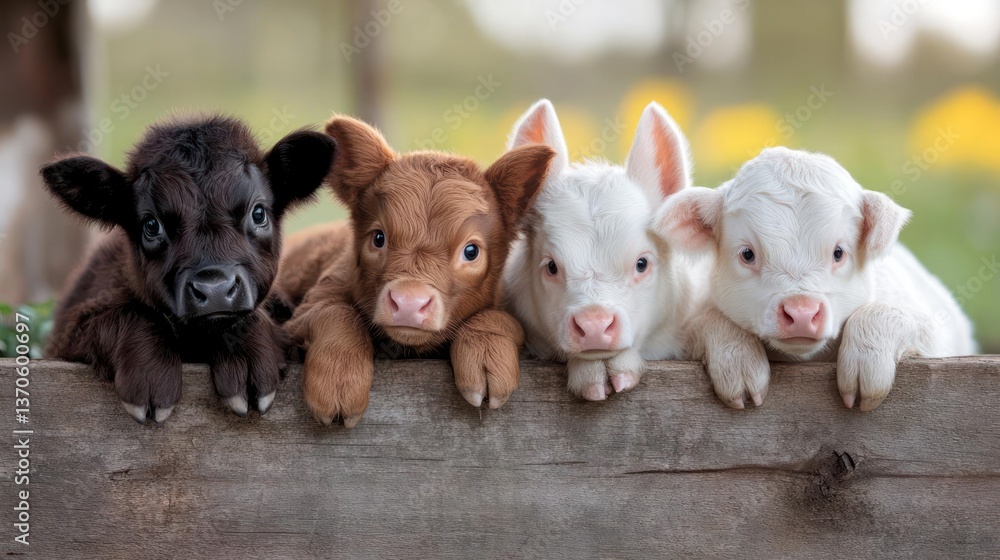 Aufkleber four adorable calves of varying colors lean on a rustic wooden fence with green foliage background c