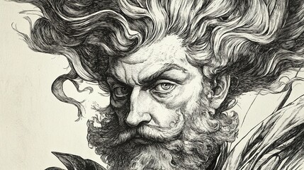 Fototapeta premium Zeus: A powerful depiction of the Greek god Zeus, showcasing his majestic presence and divine aura. The portrait is a masterful display of artistry, evoking a sense of awe and reverence.