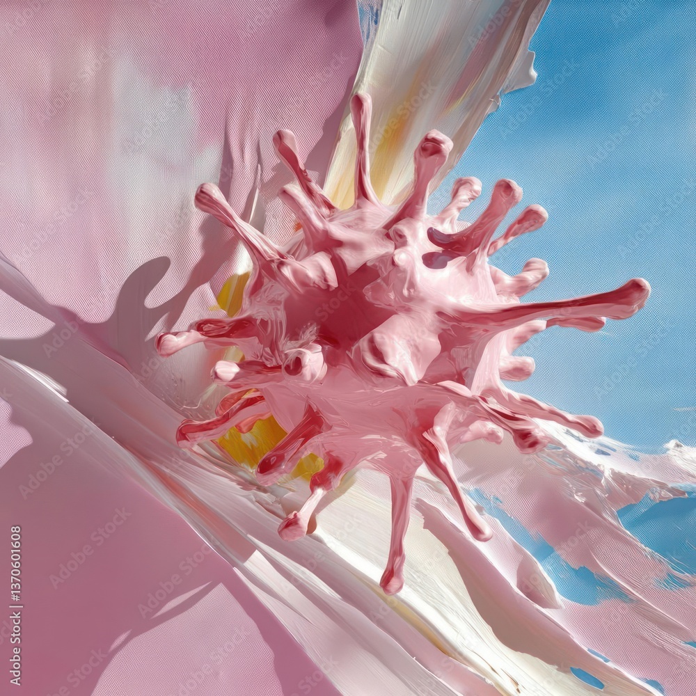 Poster abstract rendering of a stylized pink virus with spiky protrusions on a textured, layered surface fe