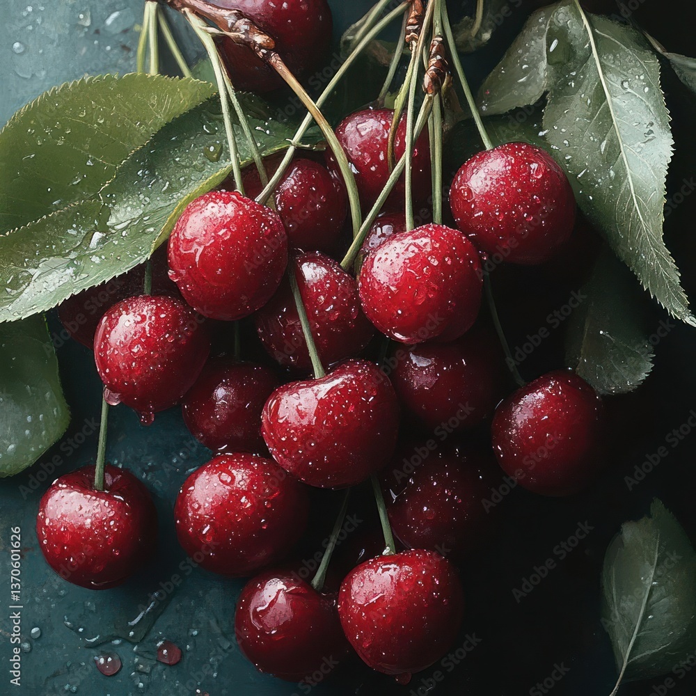 Poster close up of fresh cherries with water droplets on a textured surface