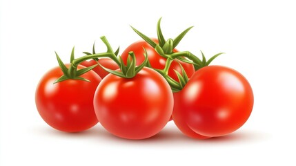 A cluster of ripe, red cherry tomatoes on the vine against a white background.
