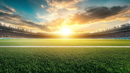 Fototapeta premium Soccer Field at Sunset with Stadium and Grass Close-up View