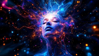 Woman Face Surrounded by Cosmic Energy and Glowing Stardust Particles