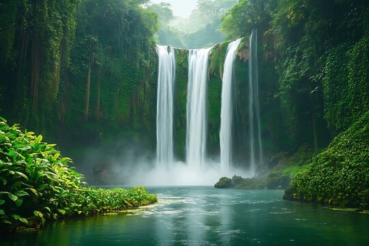 A cascading waterfall with mist rising from the base, surrounded by lush, green foliage