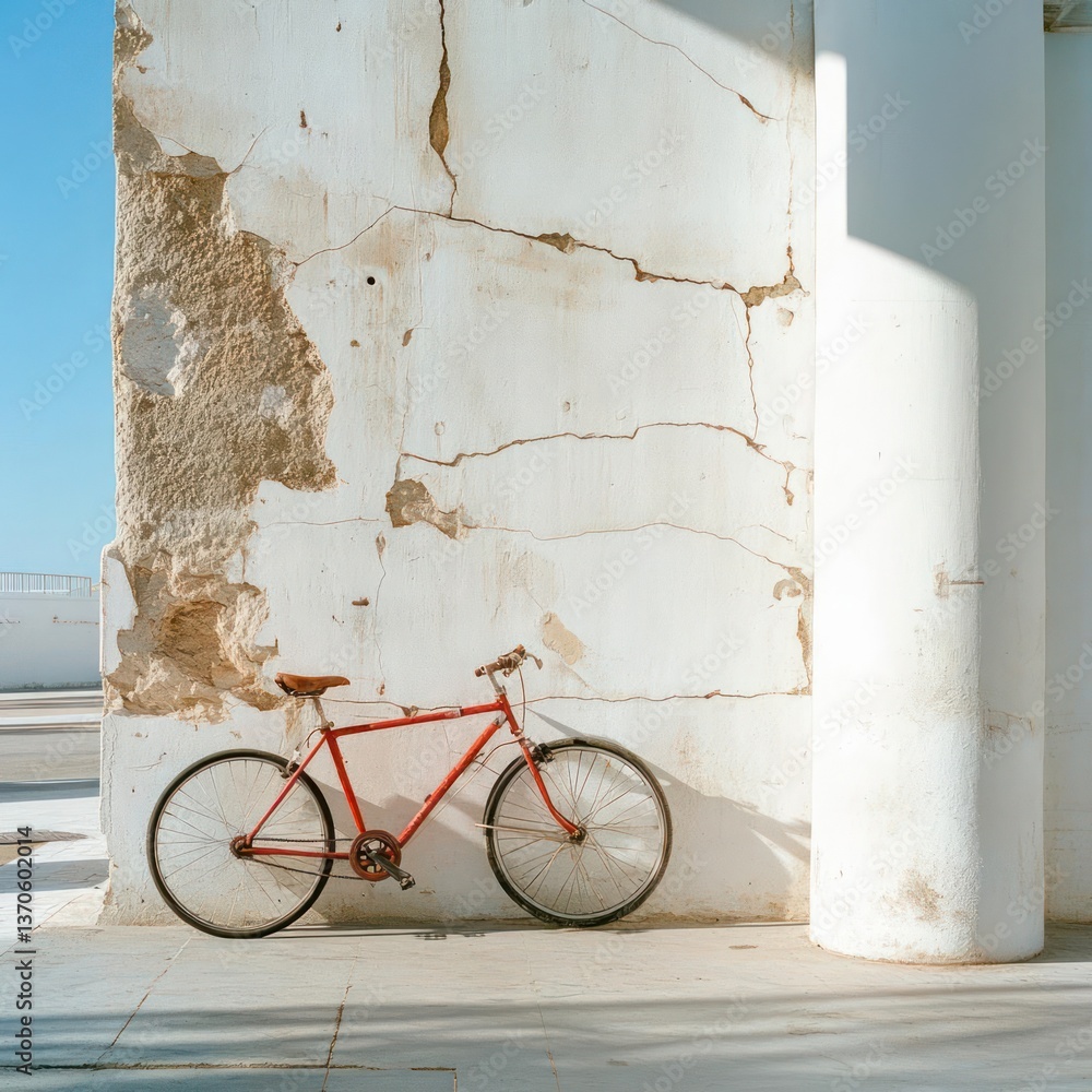 Poster red bicycle leaning against a weathered white wall with a blue sky in the background. the scene capt