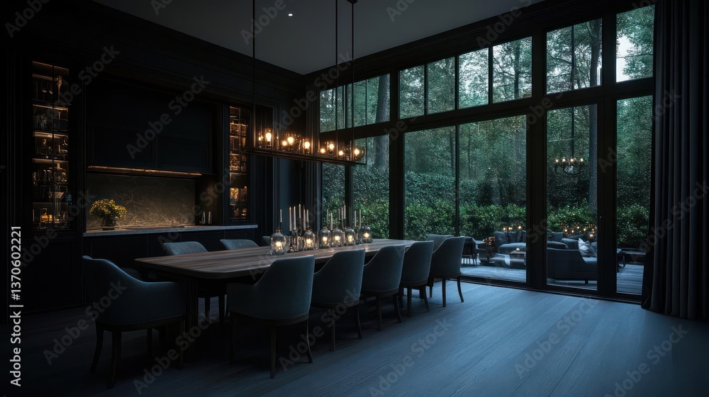 Poster elegant dining room with long table and chairs. a large window offers a view of lush greenery. warm 