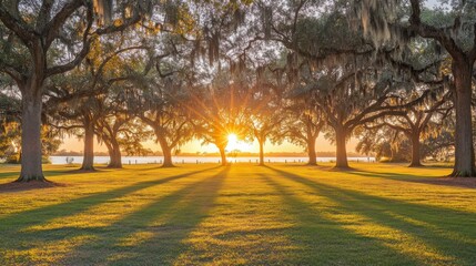 Fototapeta premium Golden sunlight beaming through trees creating long and deep shadows